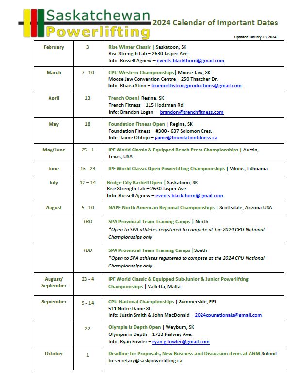 Calendar of Events Saskatchewan Powerlifting Association